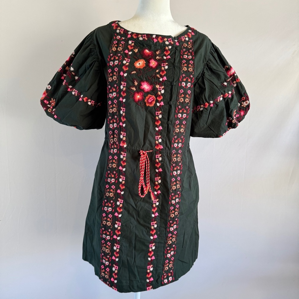 Free People Embroidered Peasant Dress Hunter Green Size S/P Boho Festival Havana